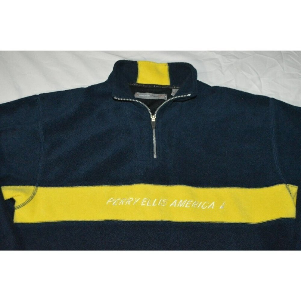 Perry Ellis America Active Spellout Fleece Pullover 1/4 Zip Yellow Navy Blue L